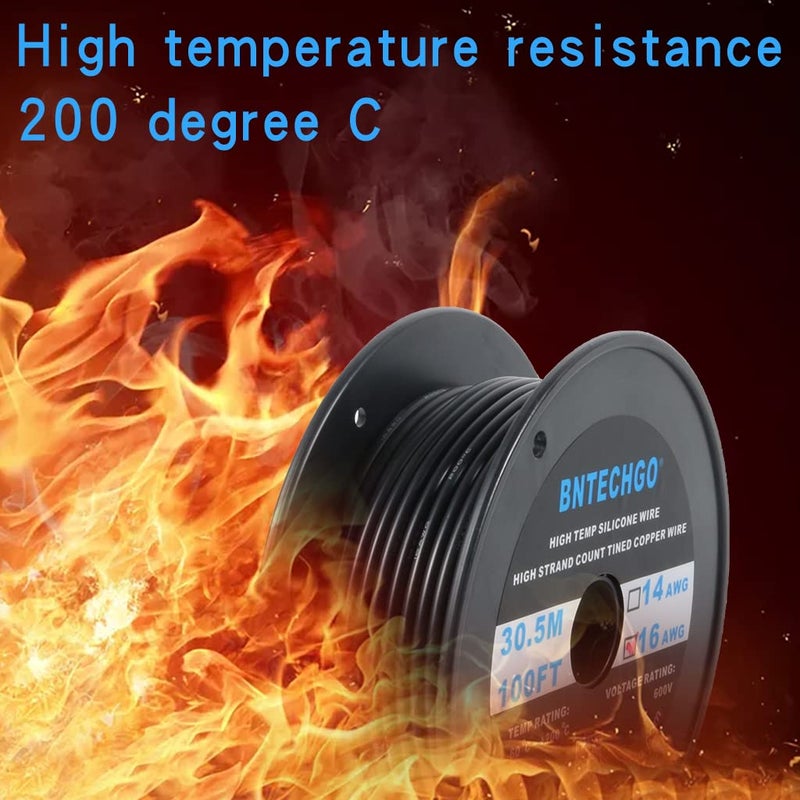BNTECHGO بنتشغو سلك سيليكون عيار 16 لفة 100 قدم أسود مرن 16 AWG سلك نحاسي معزول - Image 5